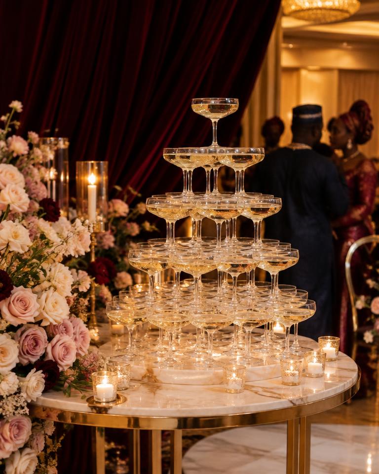 Champagne tower with gold accents