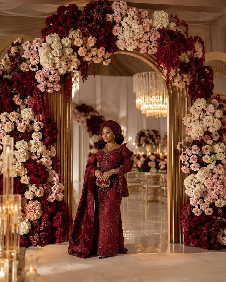 Wine and blush floral installation
